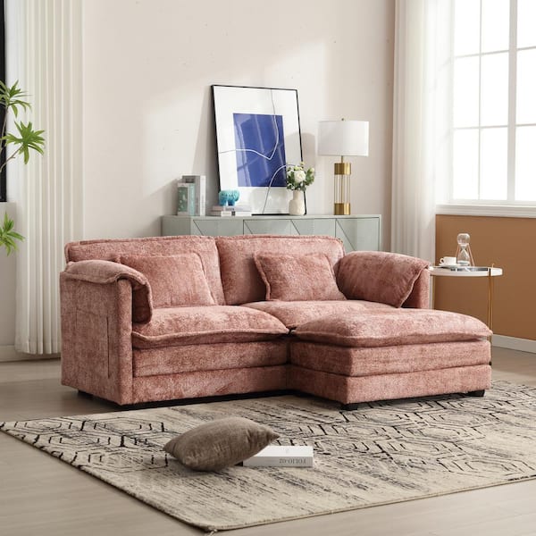 77 in. Square Arm 3-Piece L Shaped Chenille Modern Sectional Sofa in Pink with Moveable Ottoman