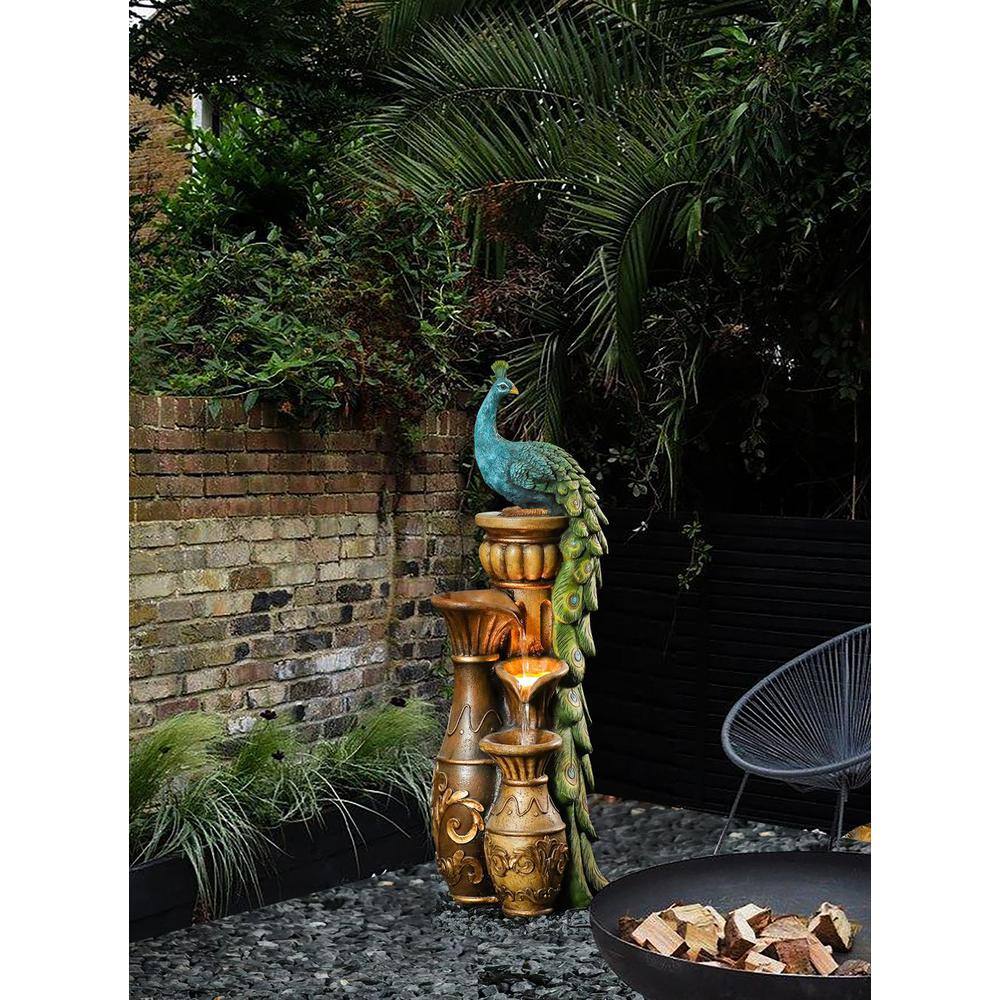 Peacock and Urns Resin Outdoor Fountain with LED Lights