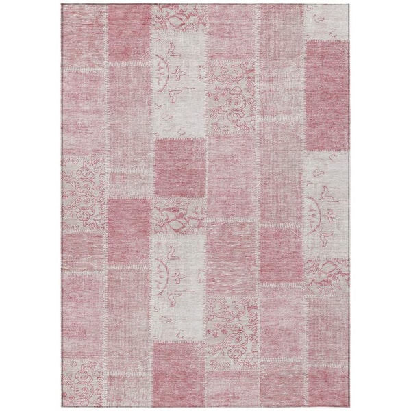 Pink, Blush, Ivory 8 ft. x 10 ft. Woven Plaid Polyester Rectangle Indoor/Outdoor Area Rug