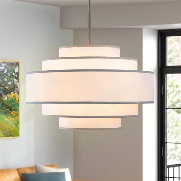 30 in. 7-Light Brushed Nickel Tiered Drum Chandelier with White Fabric Shades