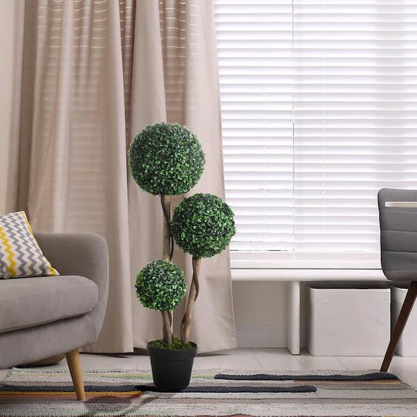 Unbranded 2.95 ft. Dark Green Artificial Plant Tree in Pot, 3-Ball Boxwood Topiary Artificial for Home Office, Living Room Decor
