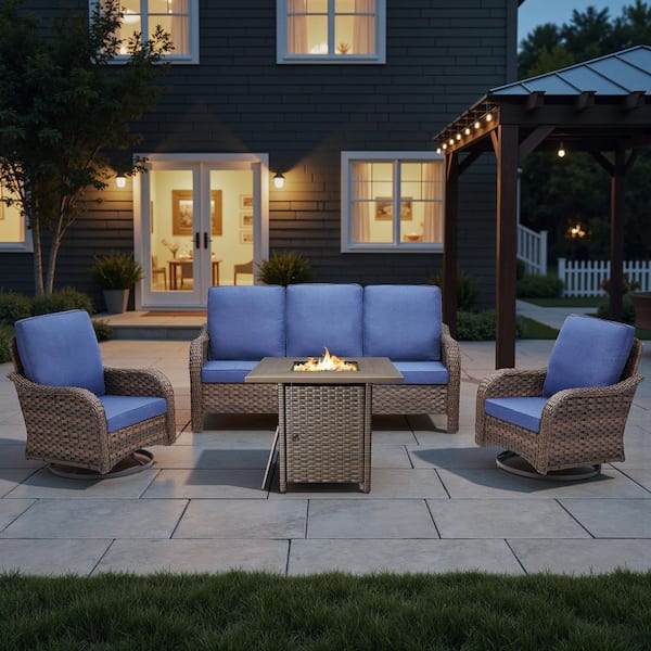 Rainf 4-Piece Patio Conversation Furniture Set with Fire Pit, Wicker Outdoor Swivel Chairs Patio Sofa with Blue Cushion