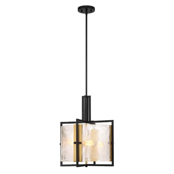 Savoy House Hayward 3-Light Matte Black with Warm Brass Accents Pendant Light with Strie Piastra Glass Shade, No Bulbs Included