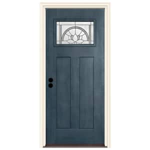 36 in. x 80 in. Right-Hand 1-Lite Craftsman Ardsley Denim Stained Fiberglass Prehung Front Door with Brickmould