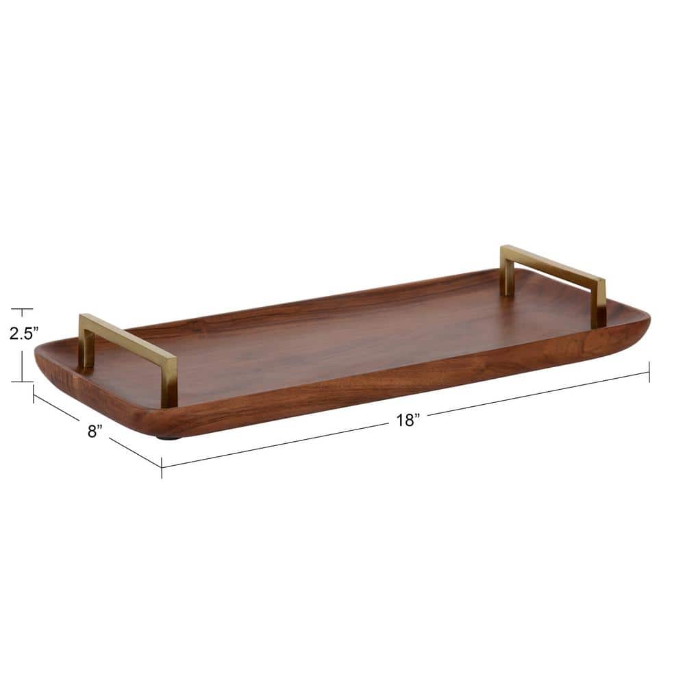Walnut Brown Acacia Wood Rectangular Serving Tray with Gold Handles