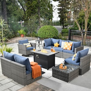 Sanibel Gray 10-Piece Wicker Patio Conversation Sofa Set with a Swivel Chair, a Metal Fire Pit and Denim Blue Cushions