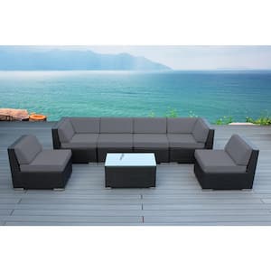 Black 7-Piece Wicker Patio Seating Set with Supercrylic Gray Cushions
