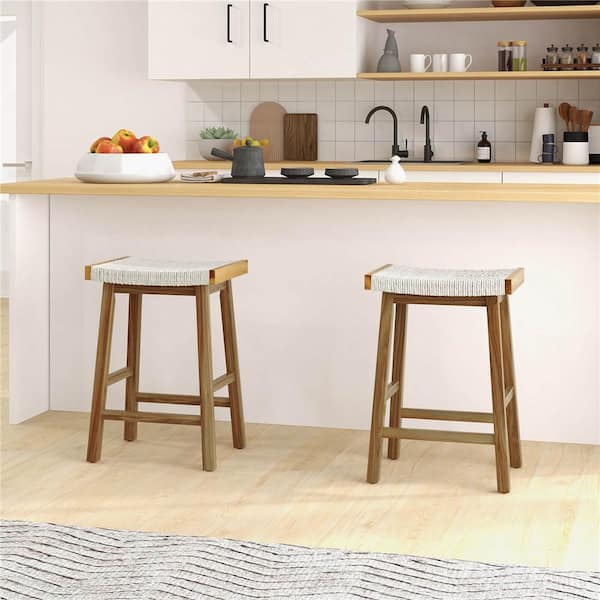 25.5 in. Brown Backless Wood Bar Stool Counter Stool with Saddle Seat (Set of 2)