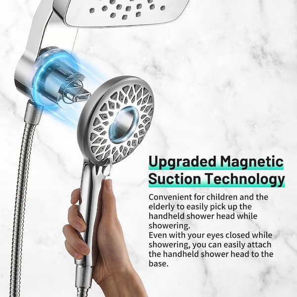Magnetic 2-in-1 5-Spray Adjustable Dual Shower Heads Wall Mount Fixed and Handheld Shower Head 2.5 GPM in Chrome