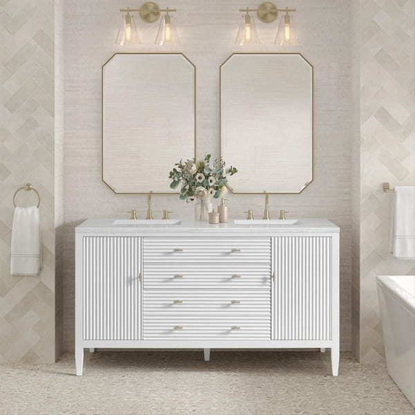 James Martin Vanities Myrrin 60.0 in. W x 23.5 in. D x 34.06 in. H Double Bathroom Vanity in Bright White with Arctic Fall Solid Surface Top