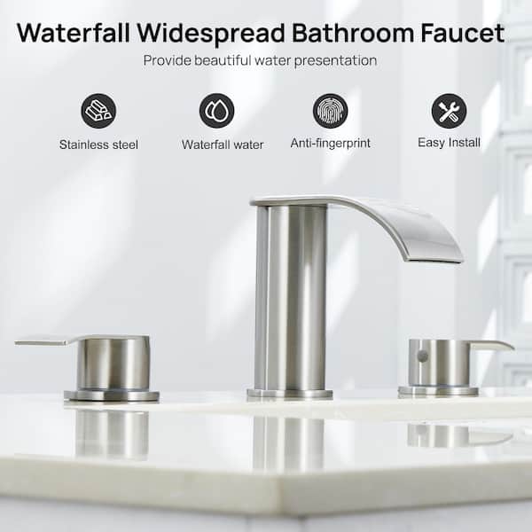 8 in. Widespread Double Handle Waterfall Spout Bathroom Vessel Sink Faucet with Pop Up Drain in Brushed Nickel