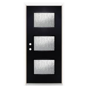 36 in. x 80 in. Right-Hand Inswing 3-Lite Water Wave Glass Finished Black Fiberglass Prehung Front Door