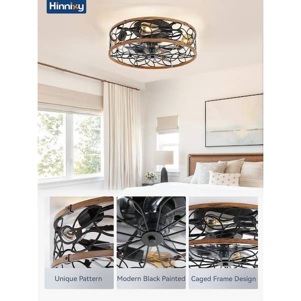 HINNIXY 18 in. Samll Black&Walnut Caged Flush Mount Low Profile Ceiling Fans with Lights and Remote Control for Bedroom