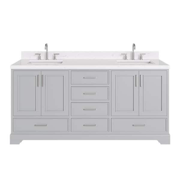 Stafford 72 in. Double Sink Freestanding Bathroom Vanity in Gray with Carrara White Quartz Top