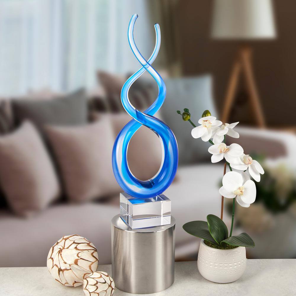 14" Blue Murano Style Handcrafted Glass Centerpiece with Crystal Base