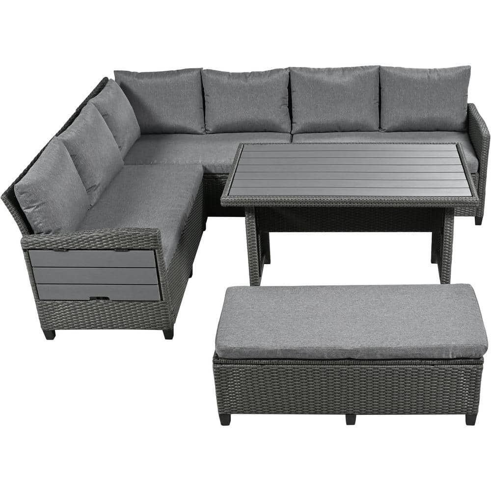 Gray 5-Piece Wicker Outdoor Sectional Set with Dining Table and Gray Cushio