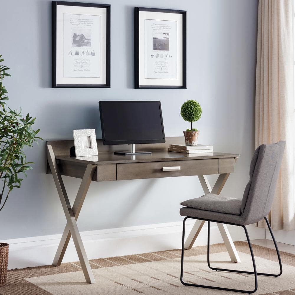 Modern Smoke Gray Wood and Silver Metal Desk with Keyboard Tray