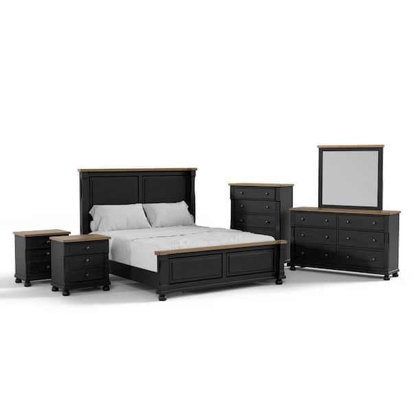 Windcrest 6-Piece Farmhouse Black Wood Queen Bedroom Set With USB Ports