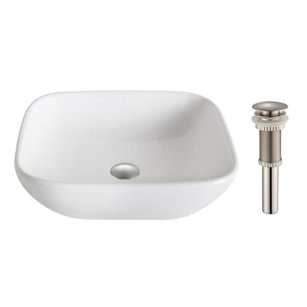 KRAUS Elavo Soft Square Ceramic Vessel Bathroom Sink in White with Pop Up Drain in Brushed Nickel