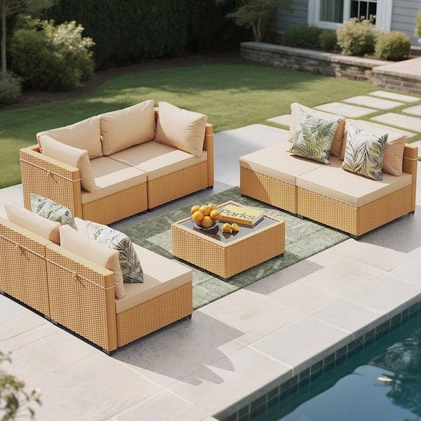 Yellow 7-Piece Wicker Patio Conversation Seating Set with Beige Cushions
