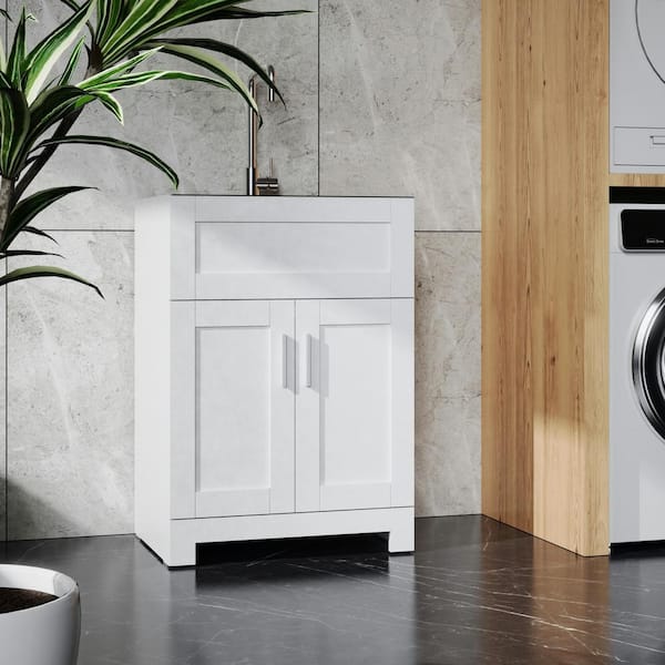 Unbranded 24 in. W x 18 in. D x 34 in. H Freestanding Bath Vanity in White with Silver Brushed Sink and Tall Faucet and Drain Head
