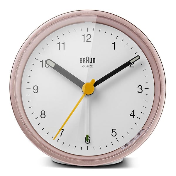 Classic Analog Alarm Clock, Snooze and Light, Quiet Quartz Movement, Beep Alarm in White and Rose, model BC12PW.