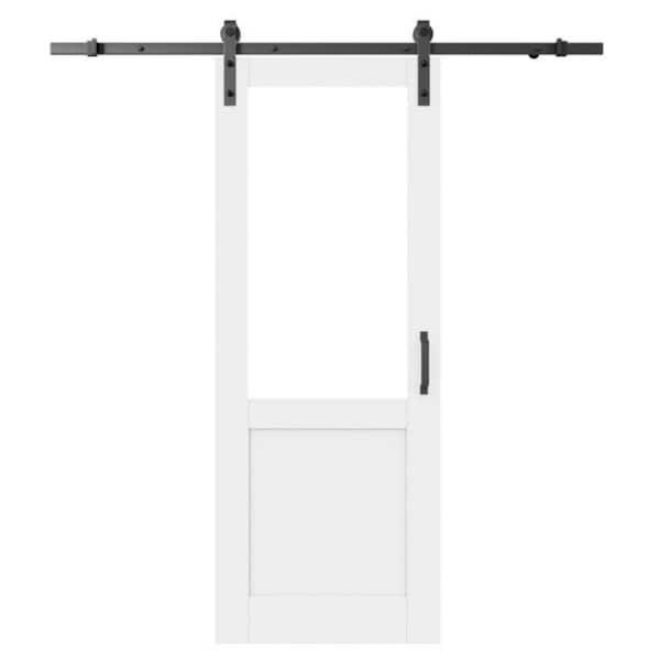 24 in. x 80 in. No Assembly Required 1/2-Lite Mirrored Glass White Primed MDF Sliding Barn Door with Hardware Kit