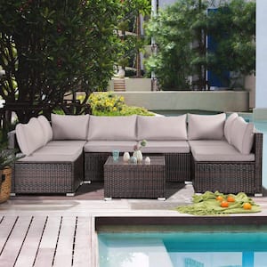 7-Piece Wicker Outdoor Patio Sectional Conversation Seating Set with Gray Cushions