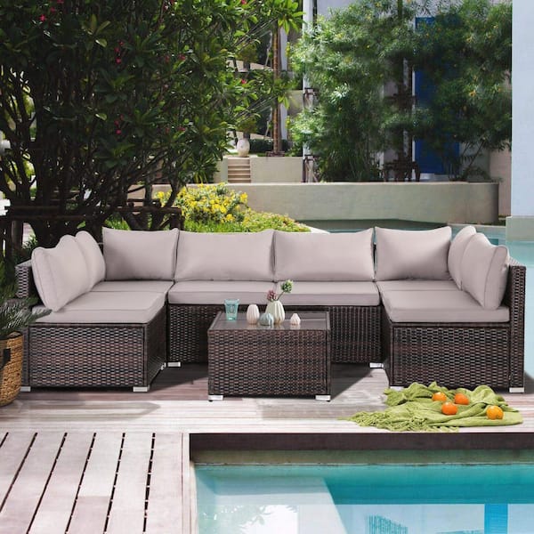 MIRAFIT 7-Piece Wicker Outdoor Patio Sectional Conversation Seating Set with Gray Cushions