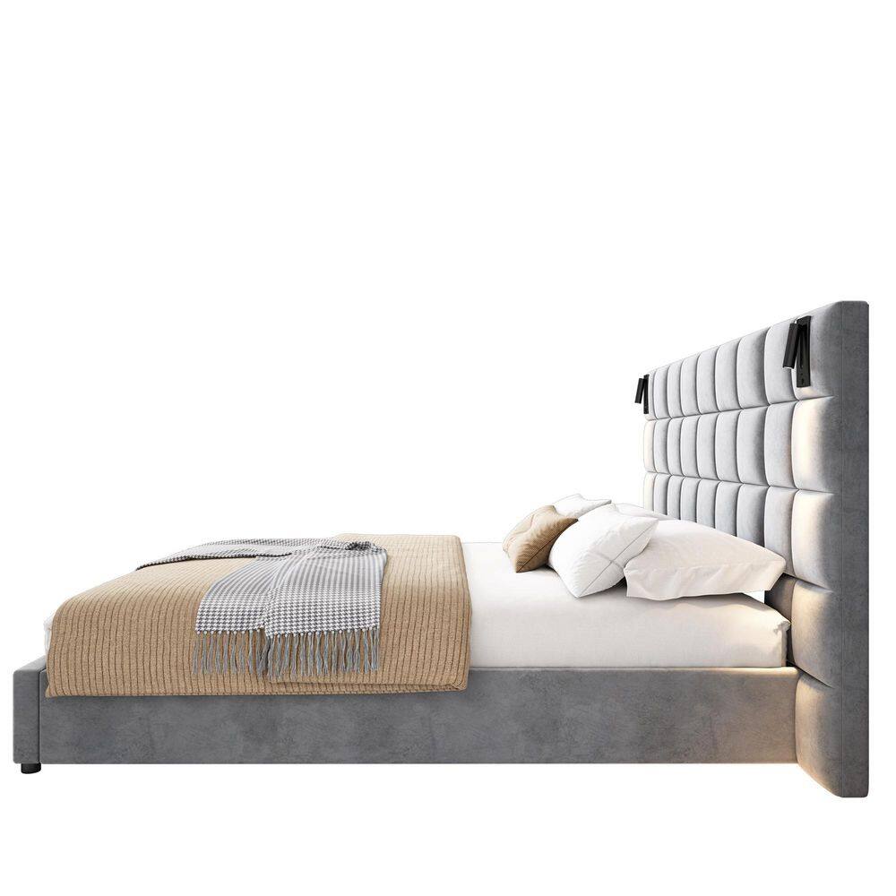 Svens Modern Gray Velvet Upholstered Wood Frame King Size Platform Bed with Headboard, Lamps and USB Ports - thumbnail 3