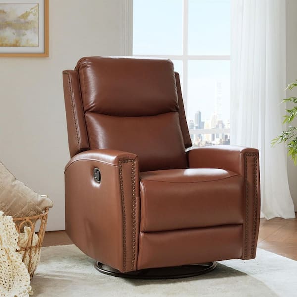 Savino 30.31 in. Wide Brown Genuine Leather Swivel Rocker Recliner with Metal Legs