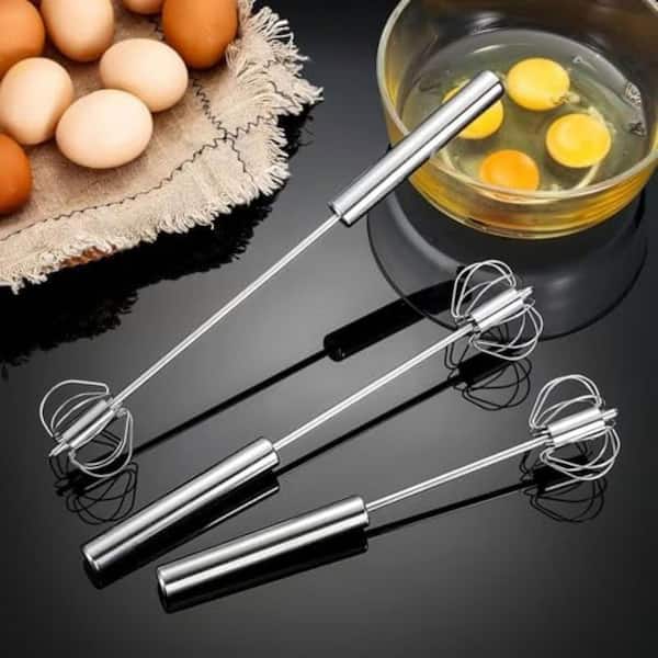 Stainless Steel Hand Push Rotary Egg Whisk Semi Automatic Mixer Stirrer 3 Pack for Blending Mixing Whipping