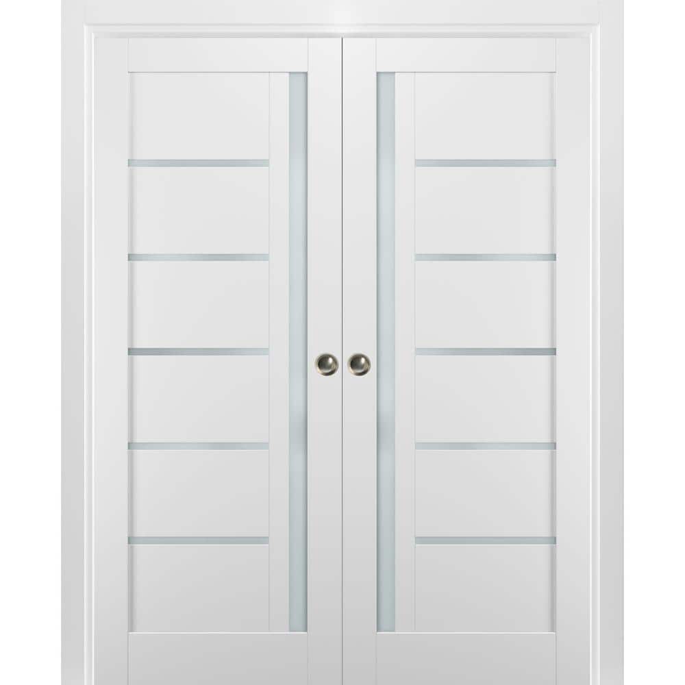 84" x 84" White Frosted Glass Solid Wood Double Pocket Doors
