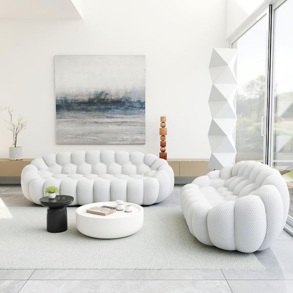 Modern (2-Piece) Gray Mesh Fabric Living Room Set Curved Bubble Couch Floor Sofa Set, No Assembly Required