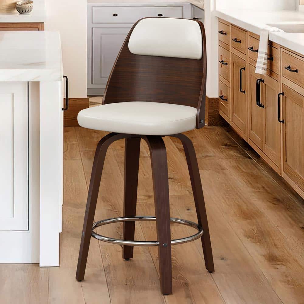 Edward 26 in. Antique white Faux Leather Swivel Bar Stool Solid Wood Walnut