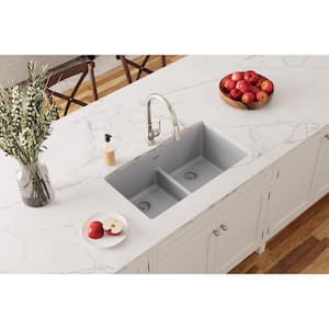 Quartz Classic 33 in. Undermount Double Bowl Greystone Granite/Quartz Composite Kitchen Sink Only