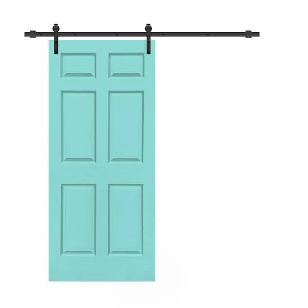 CALHOME 30 in. x 80 in. Mint Green Stained Composite MDF 6-Panel Interior Sliding Barn Door with Hardware Kit