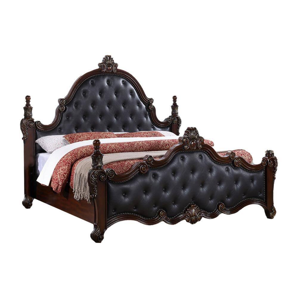 Benjara Moni Cherry Brown and Black Wood Frame Queen Size