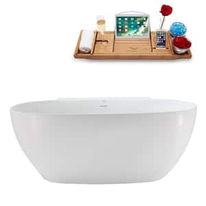 59 in. x 30 in. Acrylic Freestanding Soaking Bathtub in Glossy White With Brushed Brass Drain