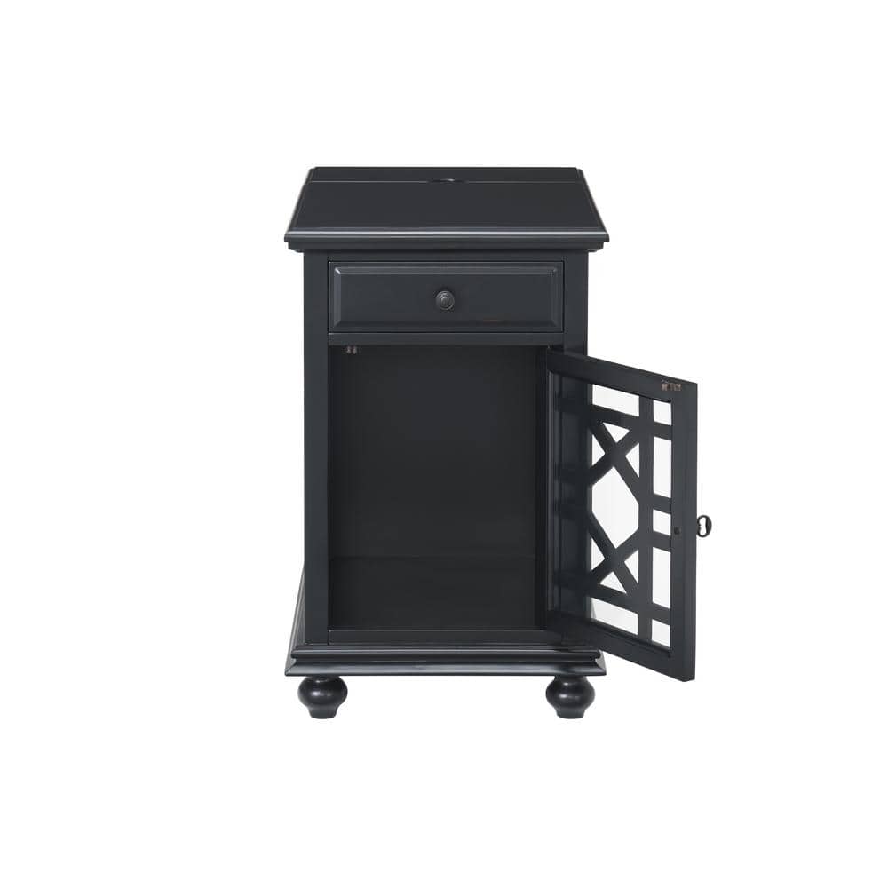 Antique Black Pine and MDF Chairside Table with Storage