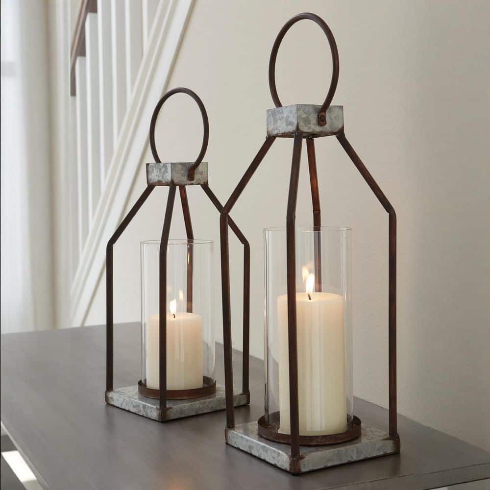 Black and Gray Metal Glass Hurricane Candle Lantern