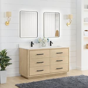 Porto 60 in. W x 22 in. D x 33.8 in. H Double Sink Bath Vanity in Natural Oak with White Quartz St1 Top and Mirror
