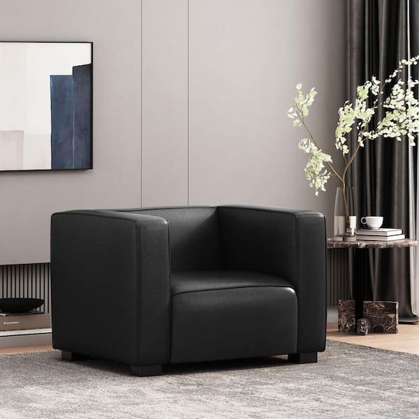 Black Gorgeous Faux Leather Club Chair with Birch Wood Legs, Modern Accent Chair for Living Room