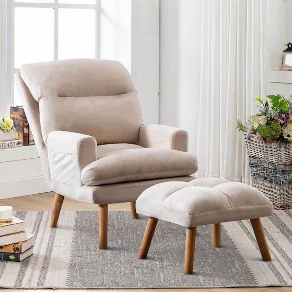 Bestier Beige Velvet Accent Chairs with Ottoman, Fabric Recliner Accent Chair