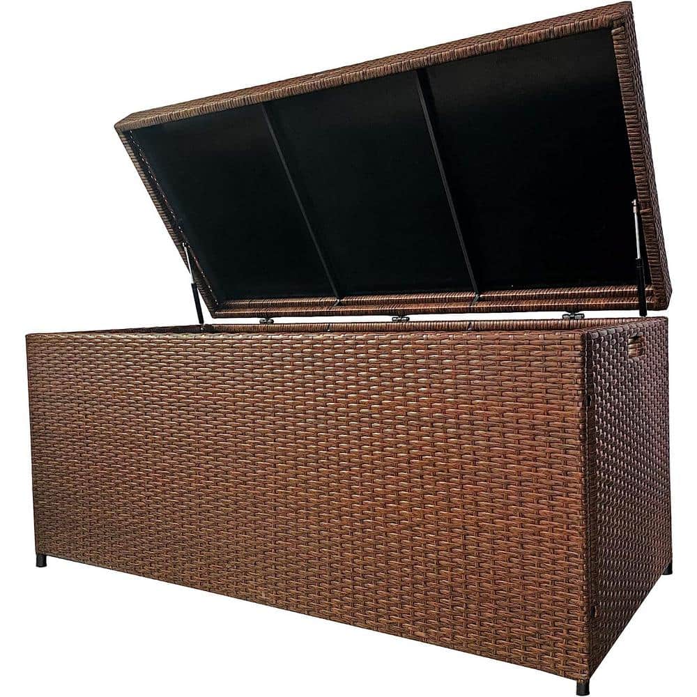 Kahomvis 140 Gal. Brown Wicker Outdoor Storage Deck Box with Lid
