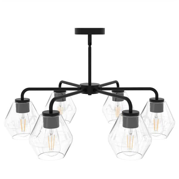 28 in. 6-Light Black Modern Semi-Flush Mount Pendant Lighting, Adjustable Height with Glass Shades for Dining Room