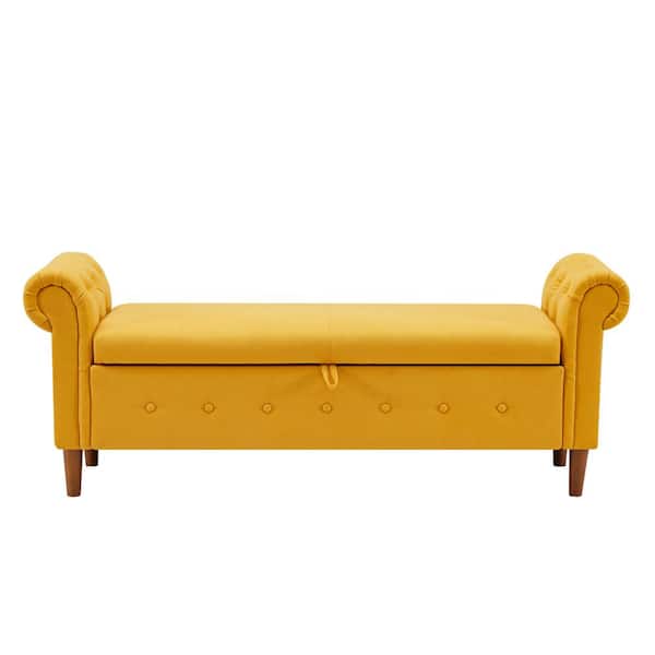 Unbranded Yellow Storage Bench Tufted Storage Bench for Bedroom End of Bed Ottoman Benches Linen Fabric Upholstered 24 x 63 x 22