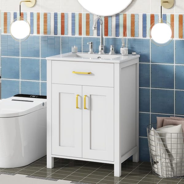 24 in. Single Sink Freestanding White Bath Vanity with White Ceramic Top 2-Soft-Close Doors and Dual-Tier Shelving