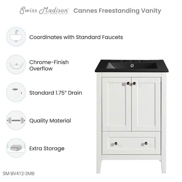 Cannes 24 in. White Bathroom Vanity in Black with 3-Hole Ceramic Sink Top
