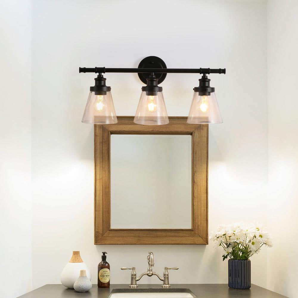 Cedar Hill Industrial Black 3-Light Vanity with Seeded Glass Shades